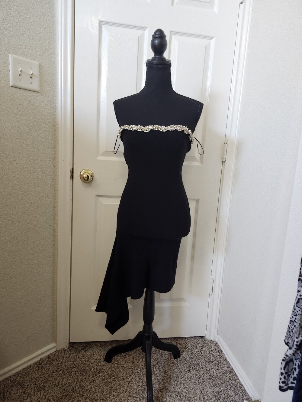 Black Asymmetrical Strapless Dress with Beaded Detail